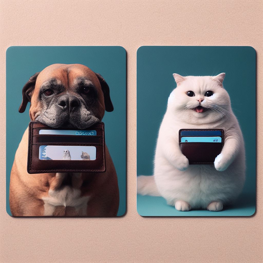 Two images showing the contrast between old big bulky wallets and small minimalist card holders, with a grumpy dog holding the old bulky wallet and a happy funny cat holding the minimalist card holder